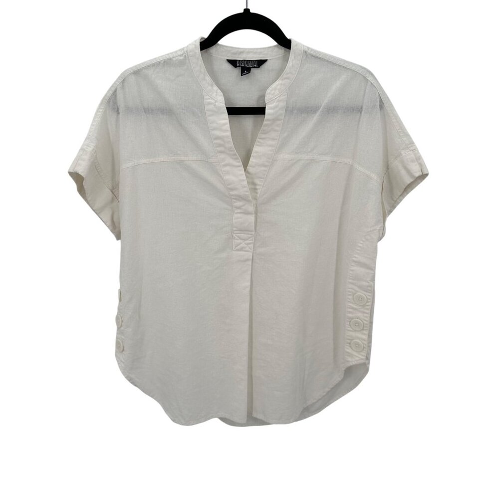 Nicole Miller Womans White Linen Blend Short Sleeve Button Detail Blouse S